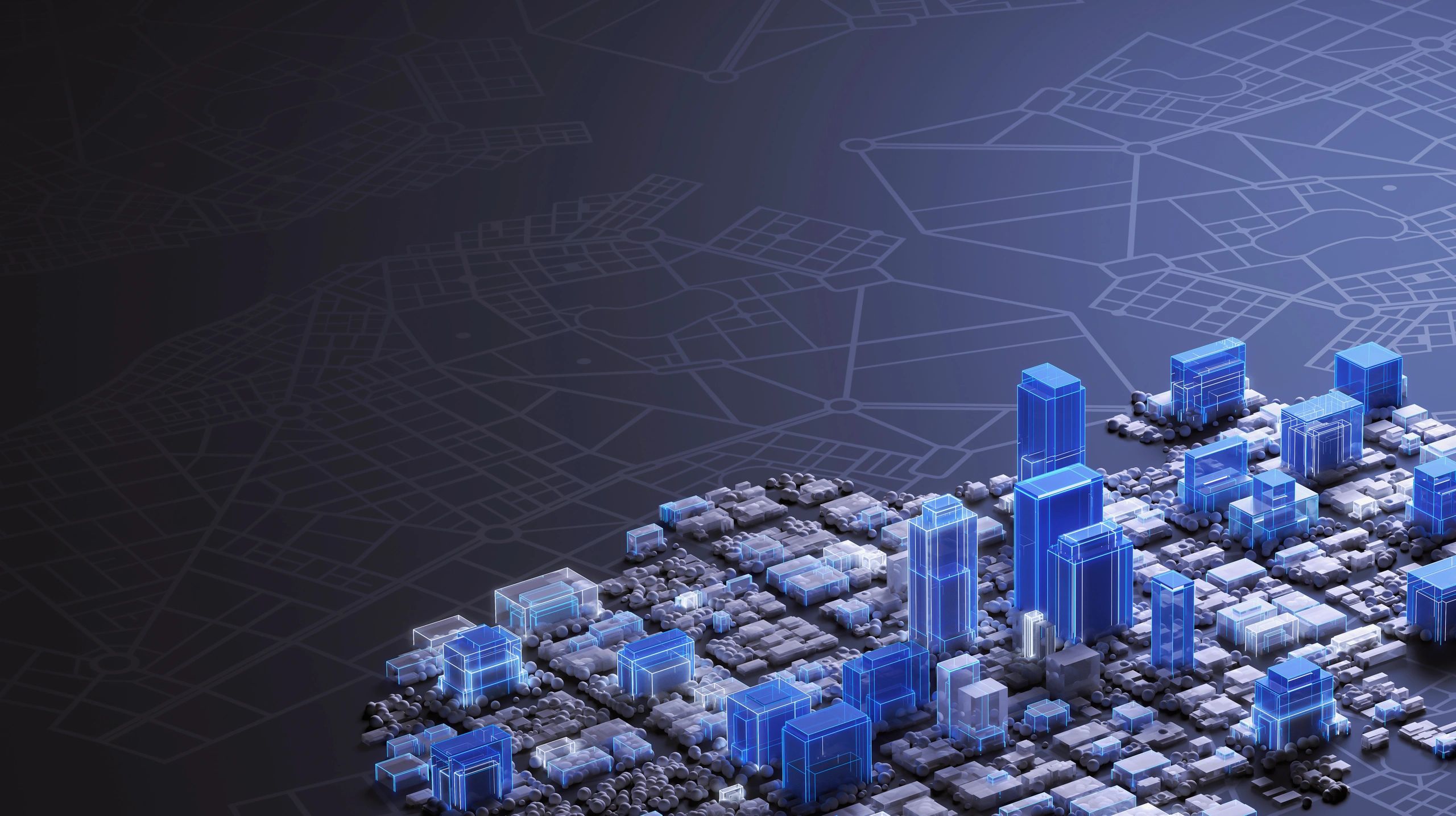 Abstract cloud technology visualization with glowing blue city grid